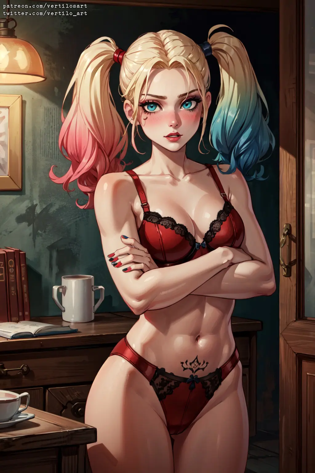 Harley Quinn in red lingerie - Rule 34 AI Art